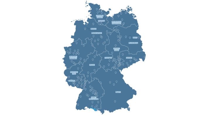 Eine Karte von Deutschland mit allen Standorten des CJD